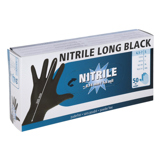 Vienreizlietojamie cimdi Nitrile Long Black, melni, 50 gab, XL izmērs