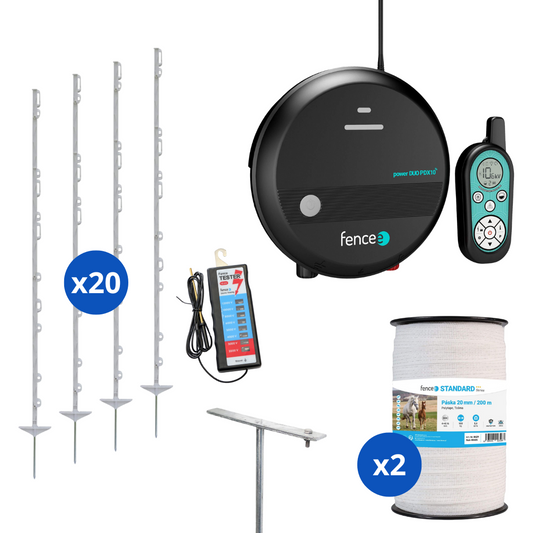 Elektriskā gana komplekts zirgiem, kumeļiem, ēzeļiem, 1J, 12V/230V, lenta 20mm/200 m, mieti 156cm/20gab, testeris 12kV